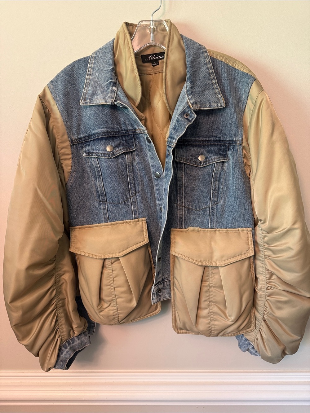 Almina Two-Tone Denim and Tan Bomber Jacket